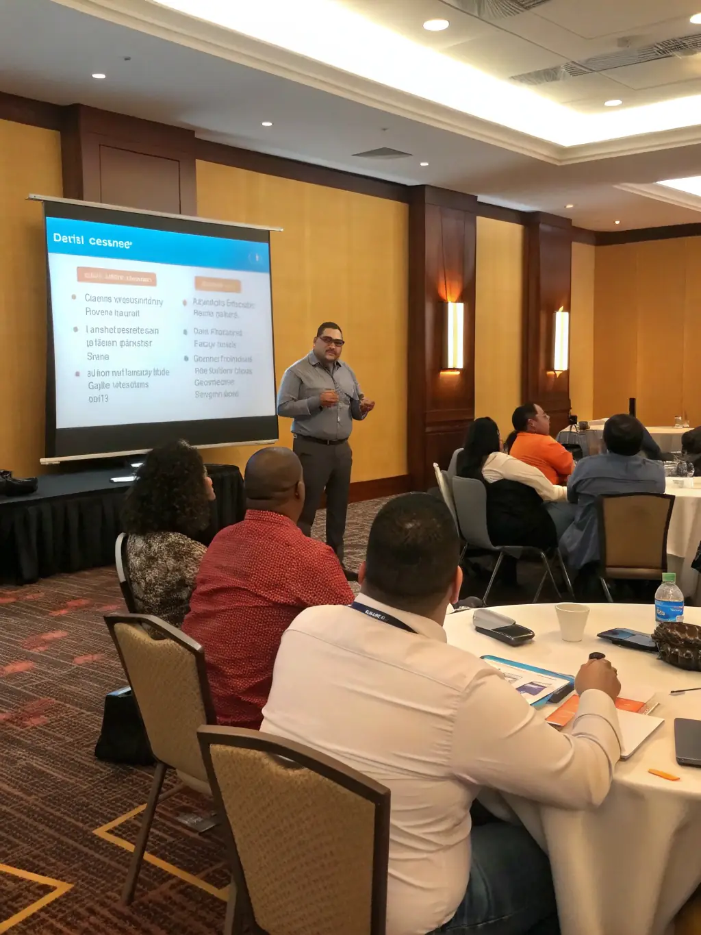 A picture of an AT&T Specialist presenting discount options to a diverse group of attendees at a workshop.
