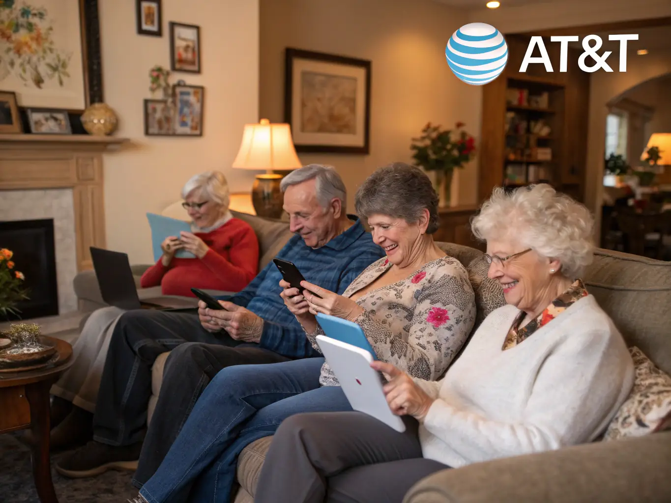 A group of senior citizens happily using their smartphones and tablets, with an AT&T logo subtly displayed, representing the senior citizen discount program.