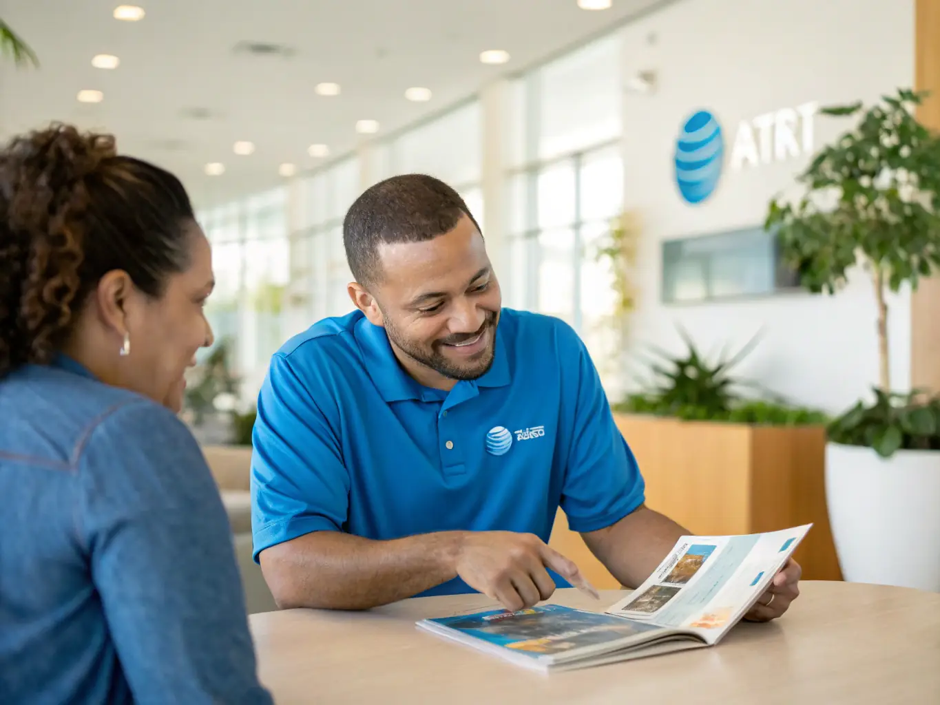 An image of an AT&T Specialist discussing options with a customer in a friendly environment, emphasizing personalized service.