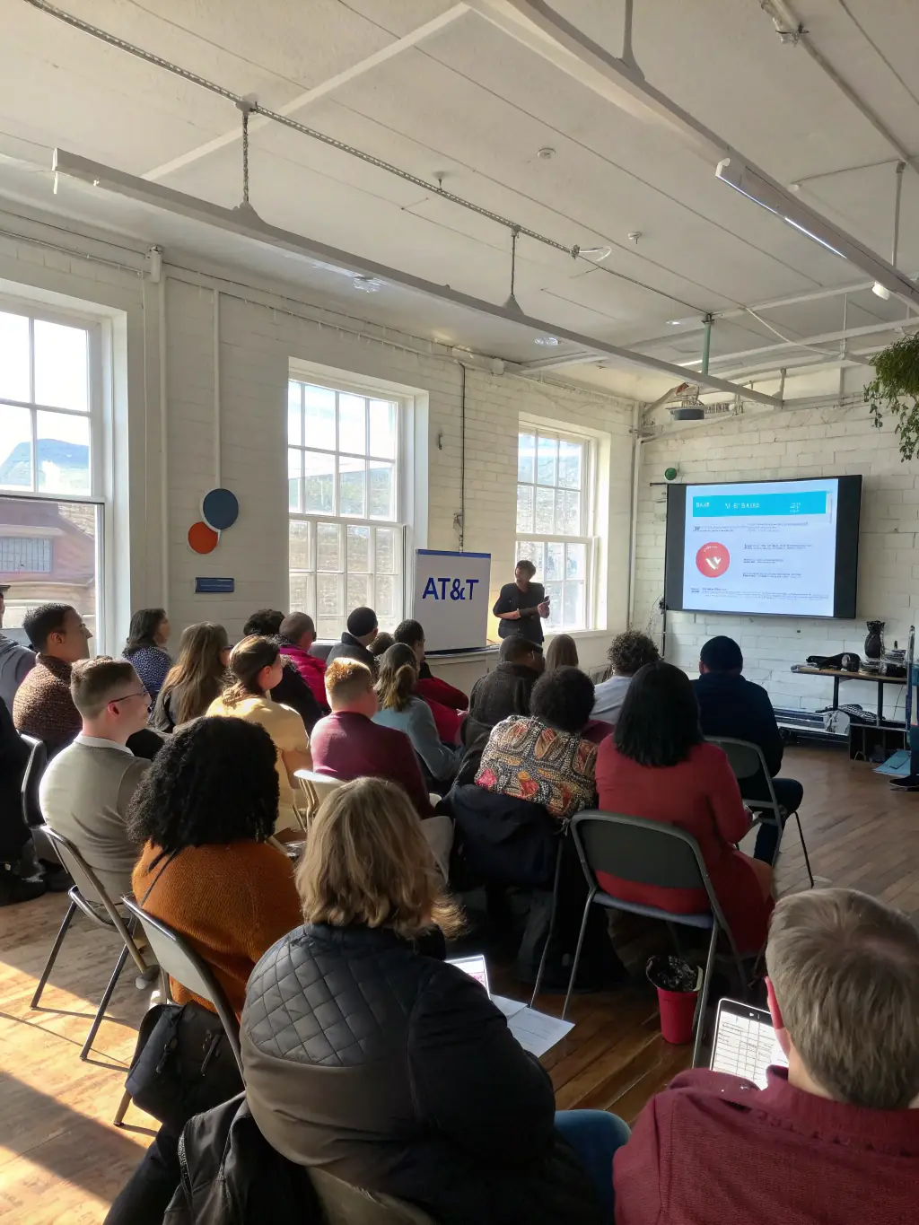 A photo of a group of people actively participating in an AT&T workshop, focused on understanding their bills and available discounts.