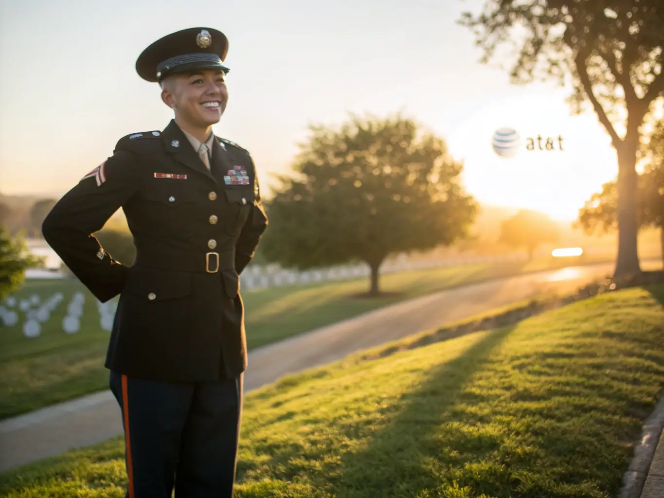 A uniformed military member or veteran standing proudly, with a subtle AT&T logo in the background, symbolizing the military/veteran discount program.