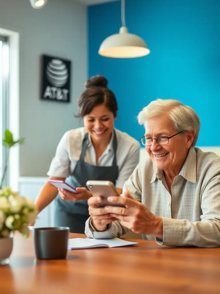 A friendly senior citizen smiling while using a smartphone, with a local AT&T staff member assisting them, highlighting simple help and big savings.