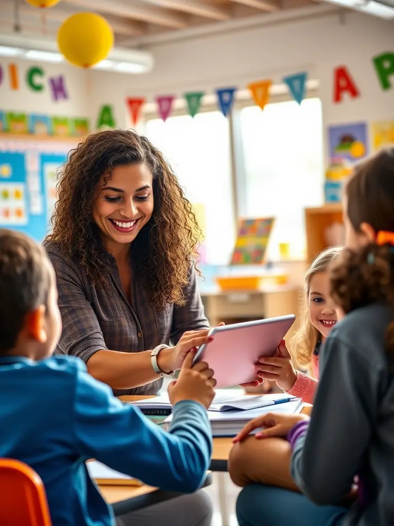 A smiling teacher in a classroom setting, surrounded by students, using a tablet to showcase an educational app, emphasizing the ease of setup and same-day reviews for AT&T services.