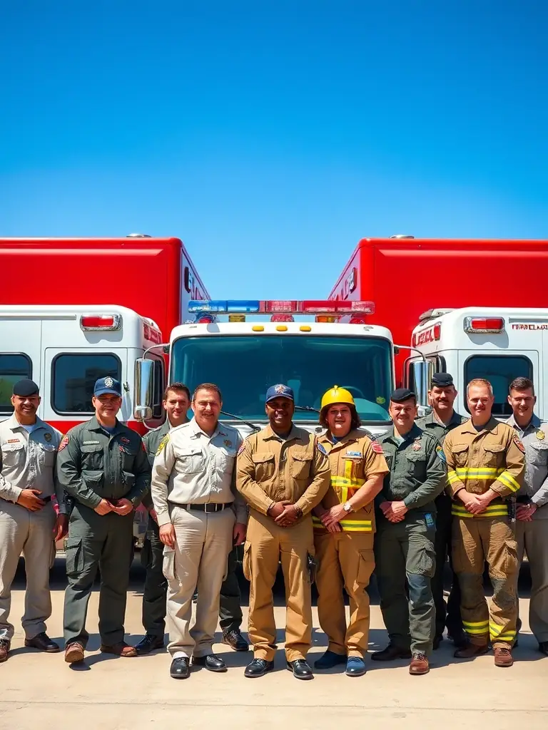 A group of first responders and military personnel in uniform, standing proudly in front of their vehicles, symbolizing priority assistance for AT&T services.
