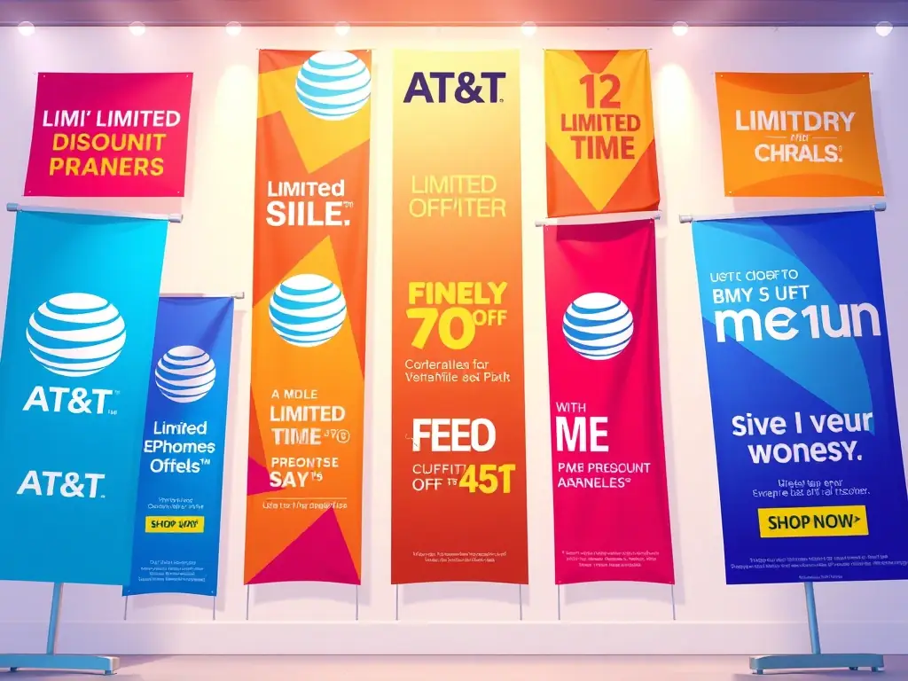 A vibrant image displaying various promotional banners and discount offers from AT&T, highlighting limited-time deals.