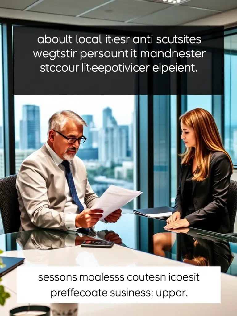 A business owner in a modern office setting, reviewing custom quotes with a local AT&T account manager, emphasizing personalized service and support.