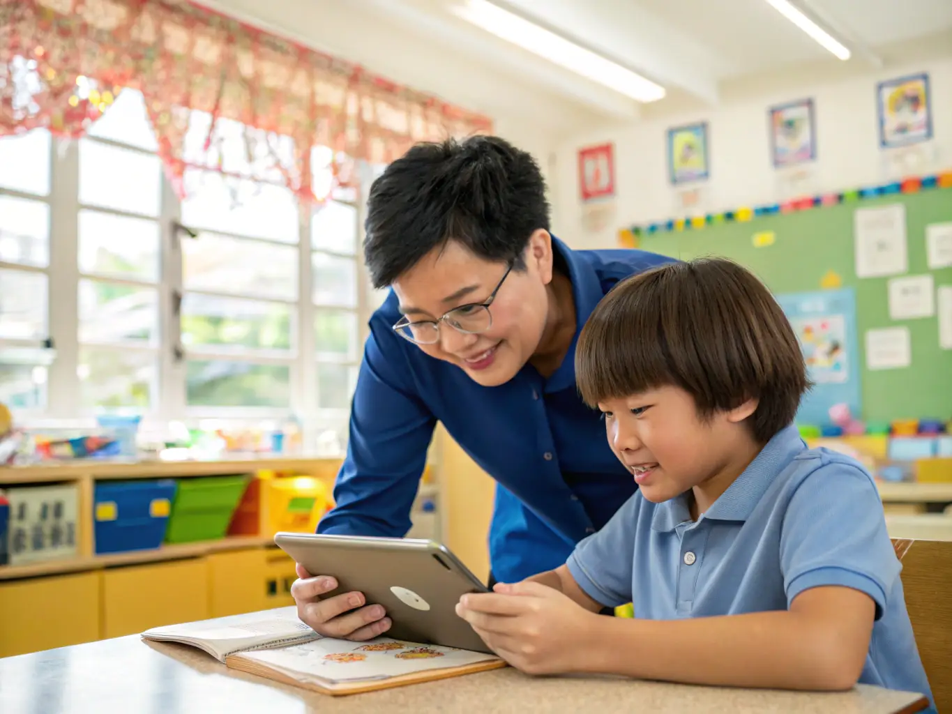 A friendly teacher smiling while using a tablet in a classroom setting, showcasing the benefits of AT&T's educational discounts.