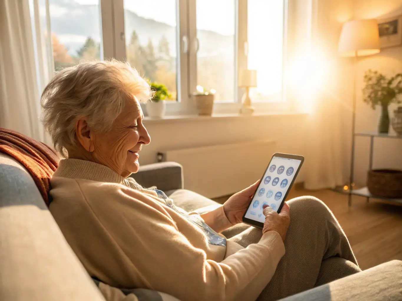 A senior citizen happily talking on the phone, emphasizing the ease and affordability of AT&T's services for seniors.